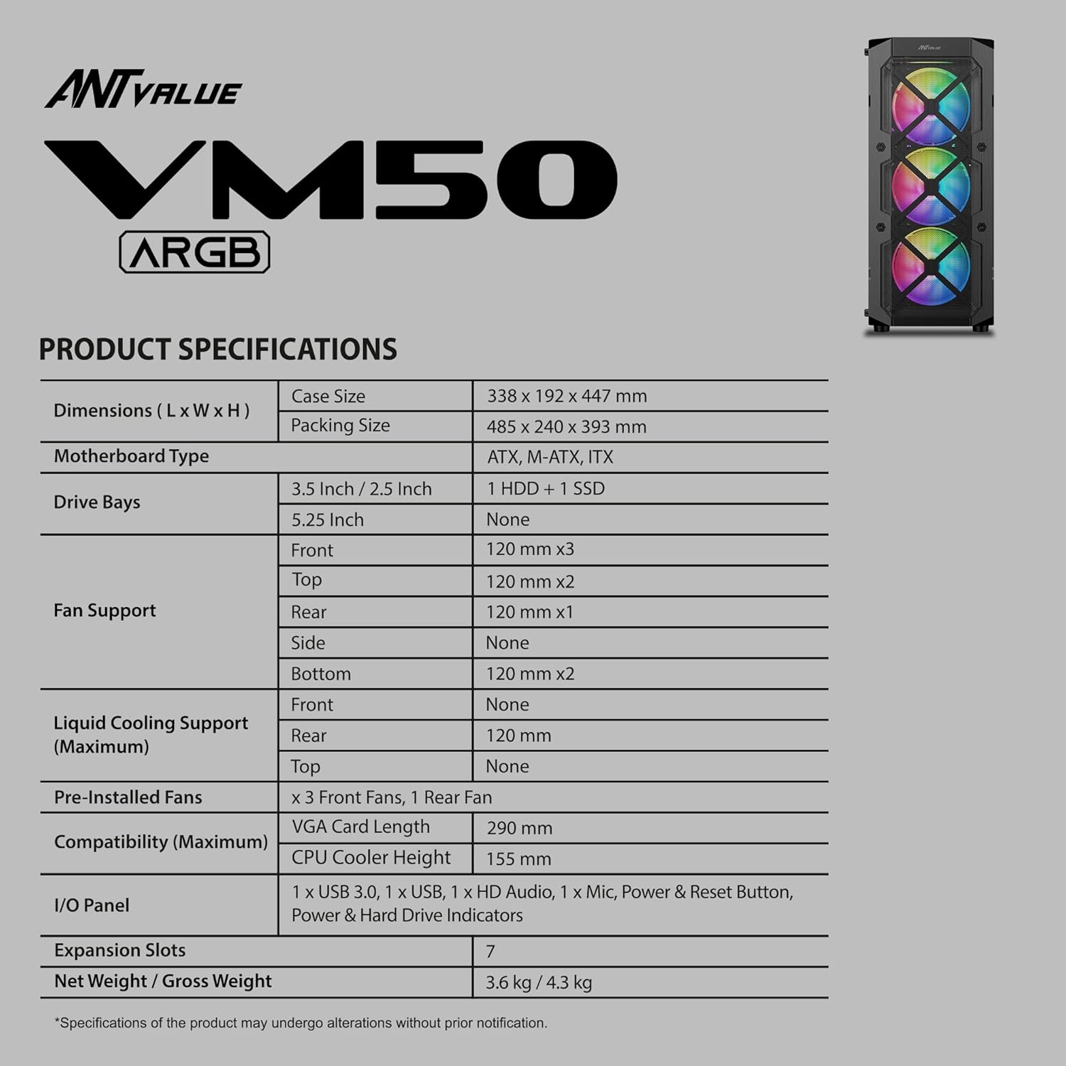 Ant Esports VM50 ARGB Mid-Tower Gaming Cabinet - Black - Image 8